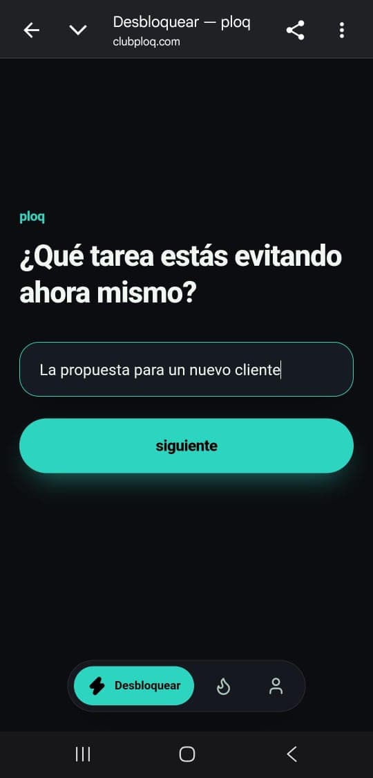 Pantalla de ploq preguntando qué tarea estás evitando ahora mismo