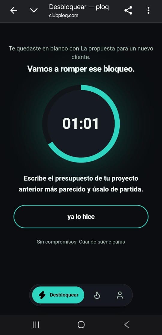 La app de ploq con el temporizador de 3 minutos corriendo sobre un micro-paso concreto