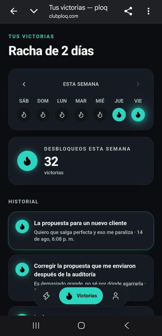 Pantalla de victorias de ploq con la racha y los desbloqueos de la semana